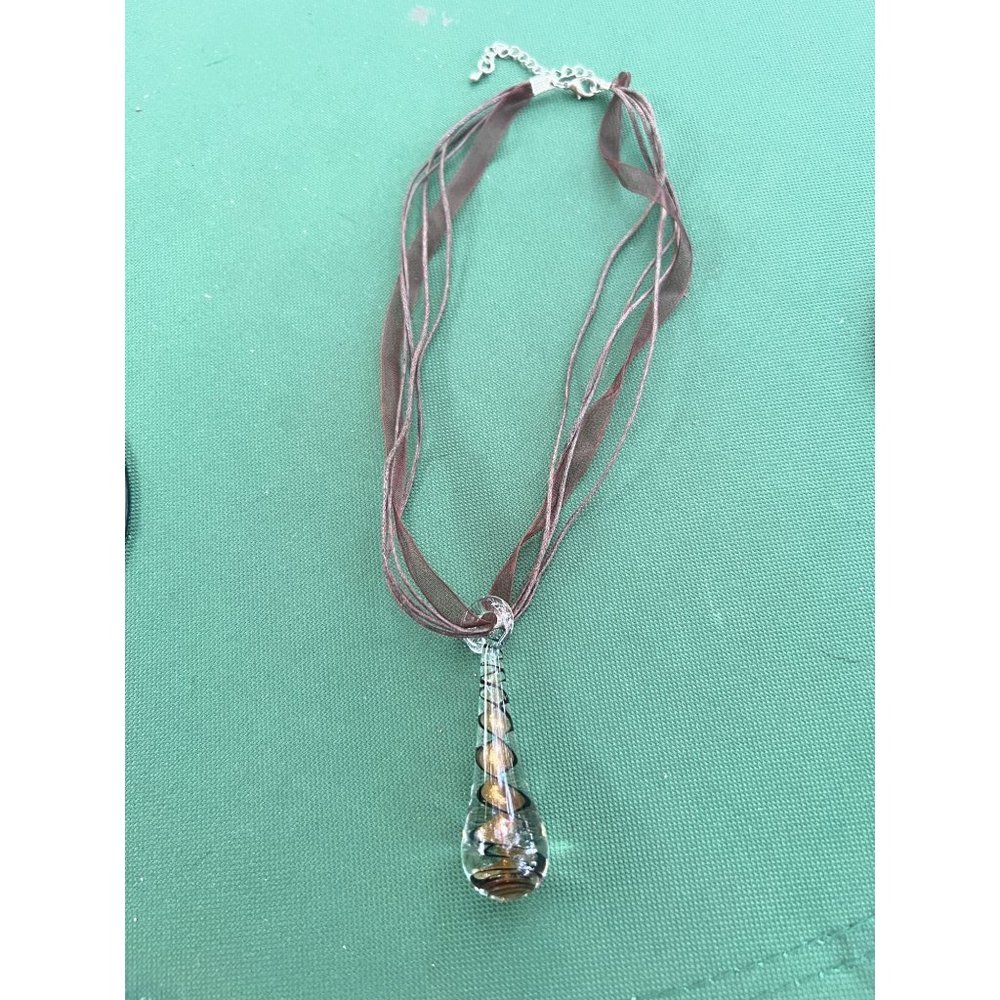 Dichroic Glass icicle pendant necklace brown swirl ribbon adjustable 19" long